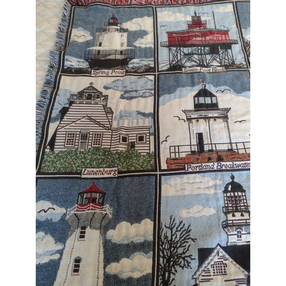 Goodwin Weavers Hutz Tapestry Lighthouse Throw Blanket Cotton 44x60 Made USA